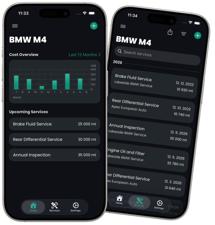 ServiceLog app showing a vehicle's maintenance timeline
