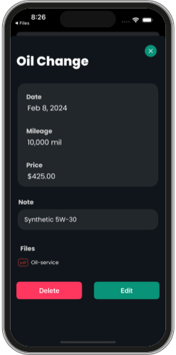 ServiceLog app screenshot - vehicle list and service history