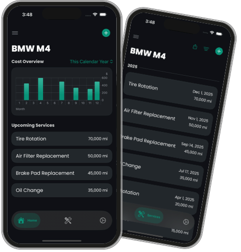 ServiceLog app interface showing vehicle maintenance tracking